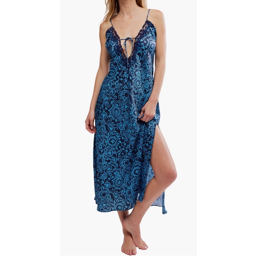 Intimately Free People Navy Combo Paisley Lace Trim Midi Nightgown Size M NEW